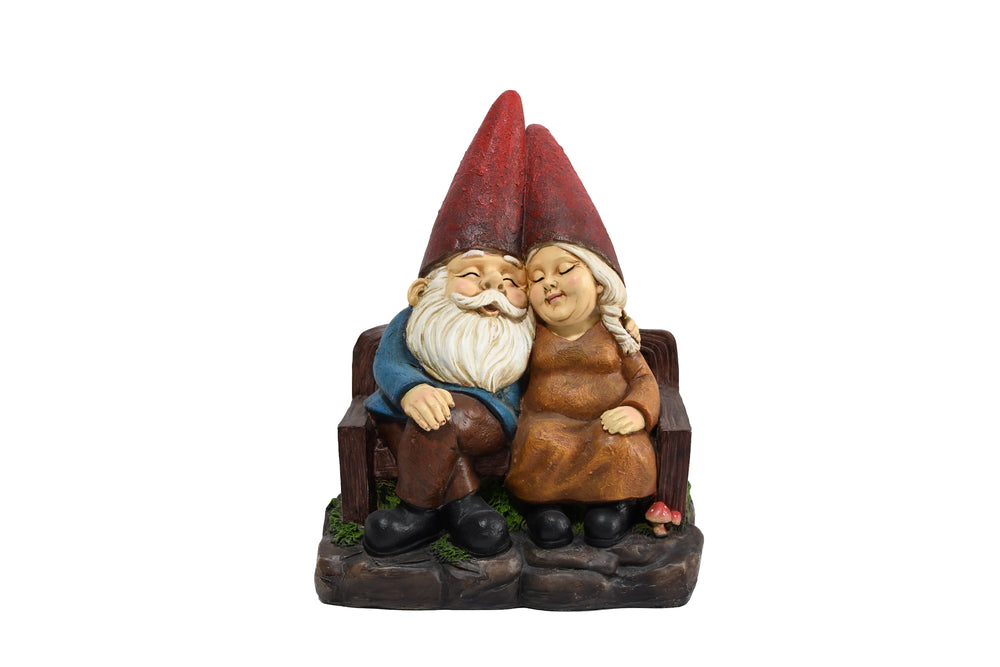 75575-C - Whimsical Serenity: Robert & Sofia Gnome Couple on Bench, Eyes Closed in Love Hi-Line Gift Ltd.
