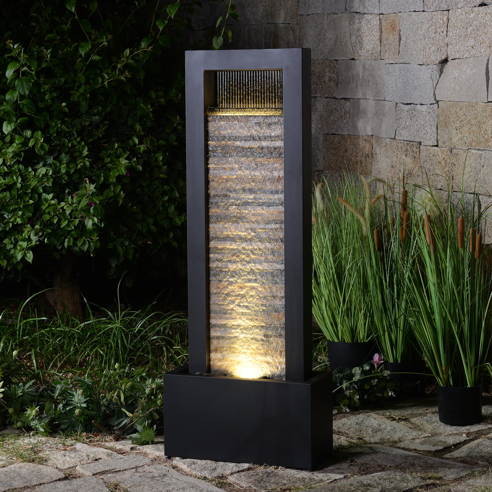 Zen Metal Garden Fountain with Stone Brick Accent & LED Lights