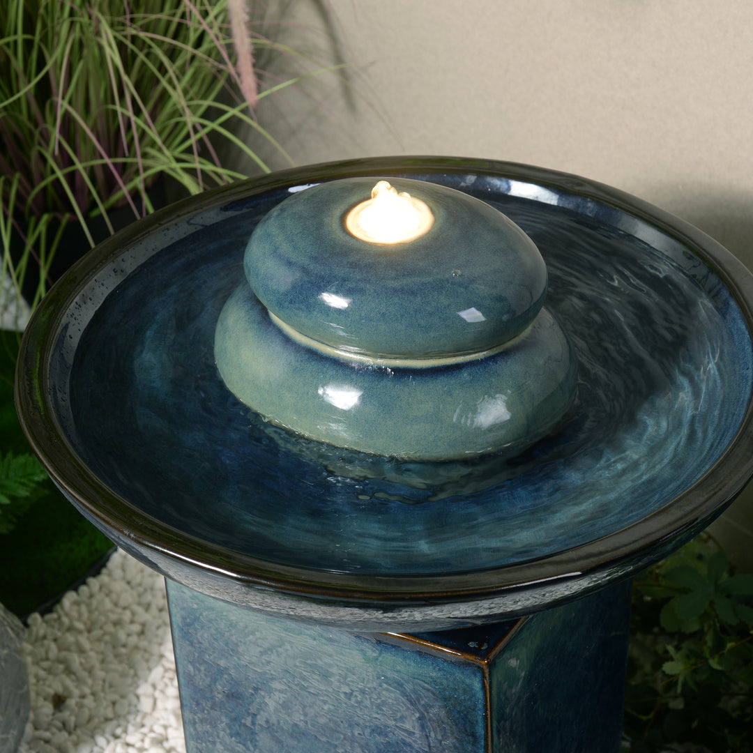 79586-02-BB -  Blue Ceramic Fountain with Submersible Pump and Warm White LED Lights HI-LINE GIFT