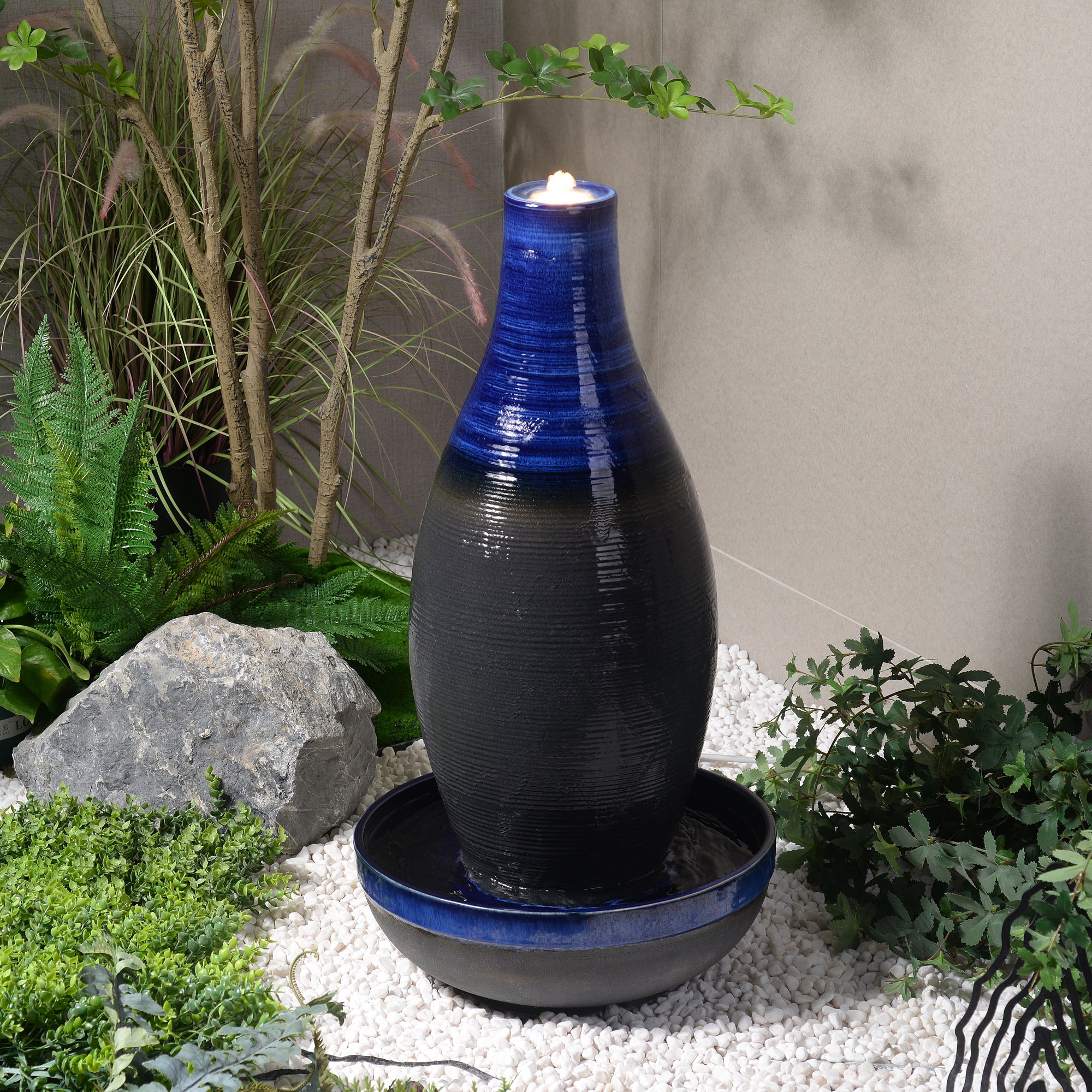 79586-04-BL - Blue Ceramic Fountain with LED Lights - Tranquil