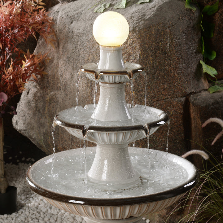 79586-06-IV -  3 Tier Ceramic Fountain with Lights - Ivory Elegance HI-LINE GIFT