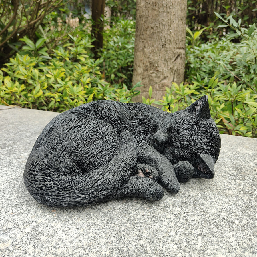87728-E - Nocturnal Elegance: Black Polyresin Sleeping Cat Figurine Hi-Line Gift Ltd.