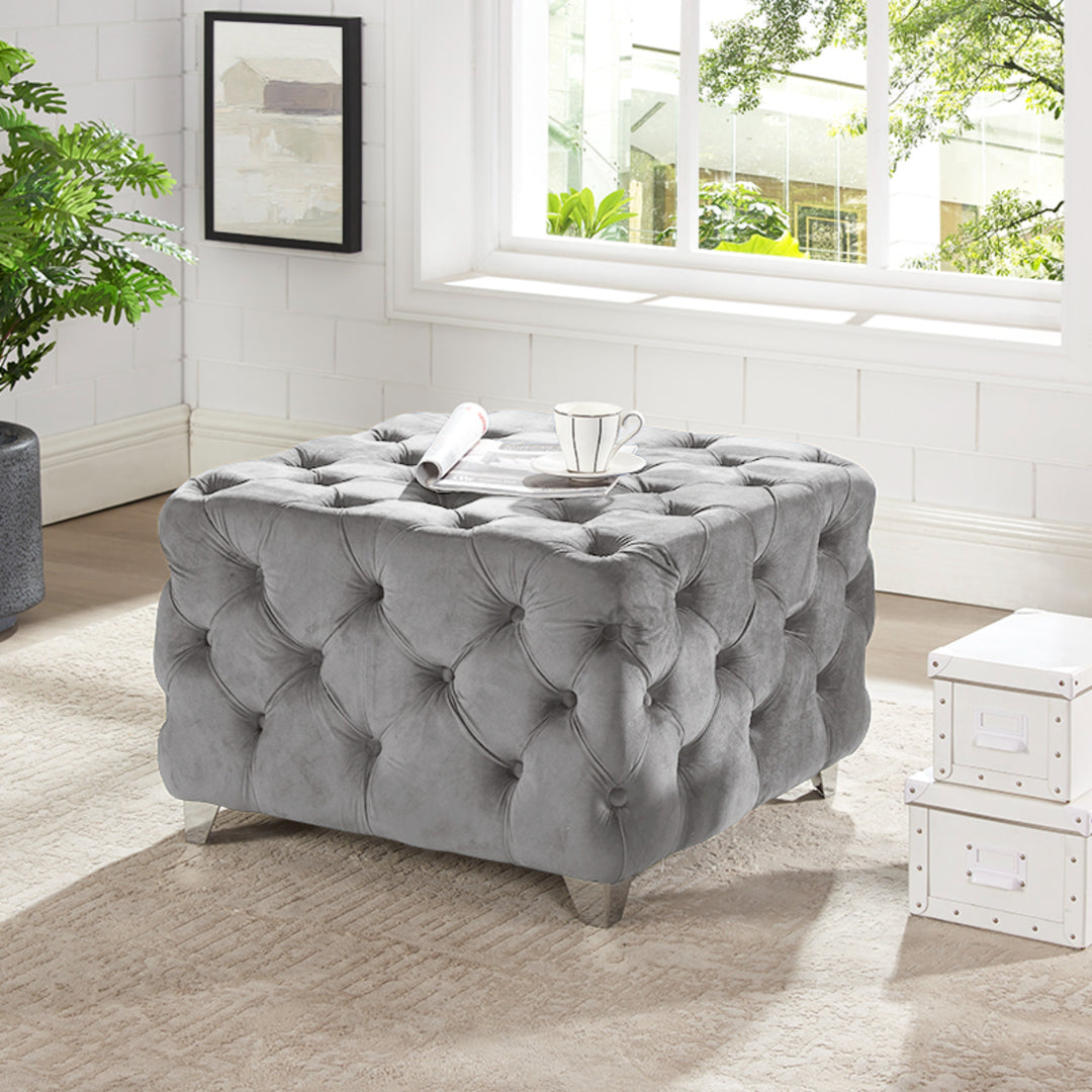 Grey Velvet All-Over Button-Tufted Cocktail Ottoman With  Metal Legs HI-LINE GIFT LTD.