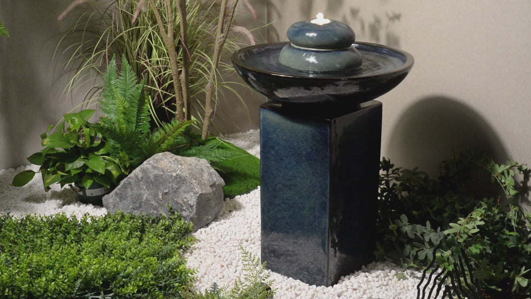 79586-02-BB -  Blue Ceramic Fountain with Submersible Pump and Warm White LED Lights