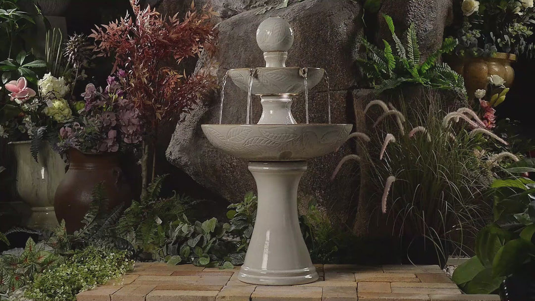 79586-01-IV -  Enchanting Ivory 2 Tier Ceramic Fountain with Lights: Serenity in Every Cascade