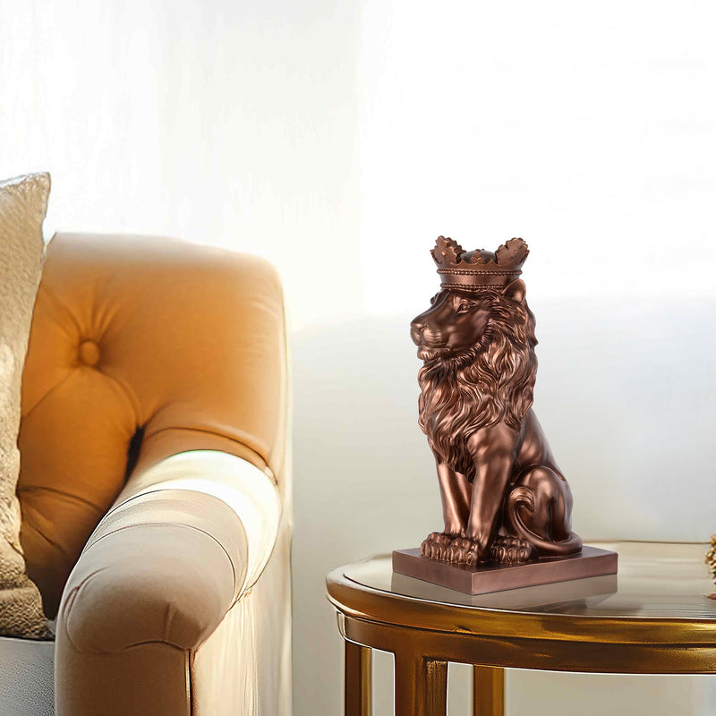 53007-CP - 14.5" H Sitting Lion W/Crown Bronze Color Resin Statue Home Decor Living Room Display Hi-Line Gift Ltd.