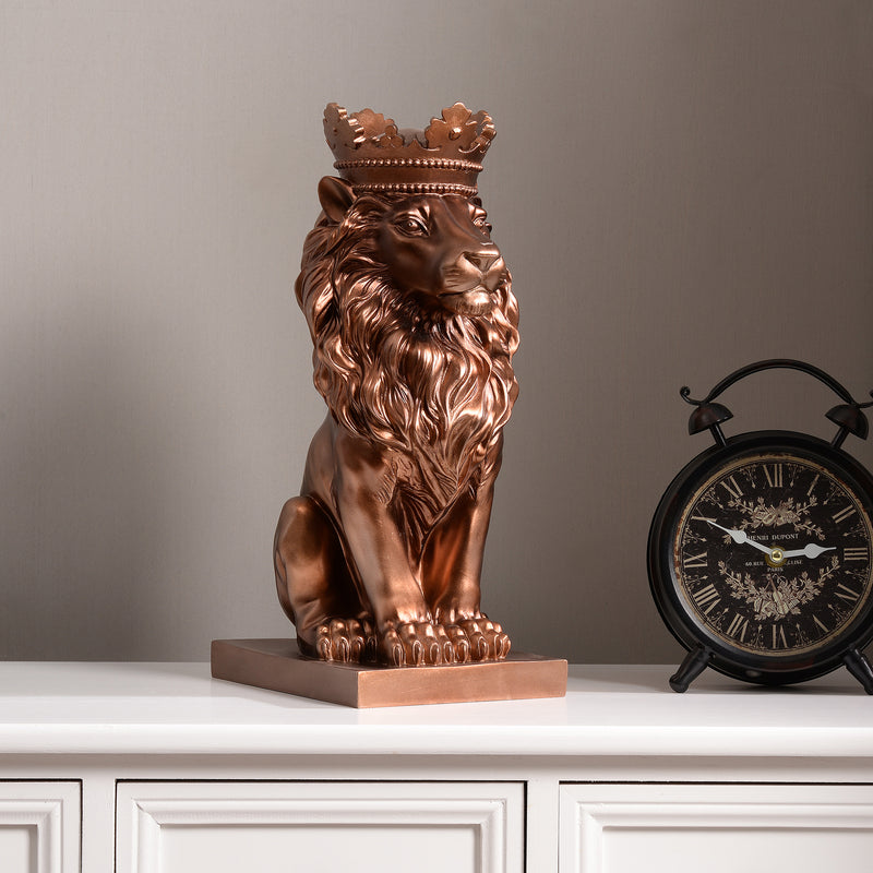 53007-CP - 14.5" H Sitting Lion W/Crown Bronze Color Resin Statue Home Decor Living Room Display