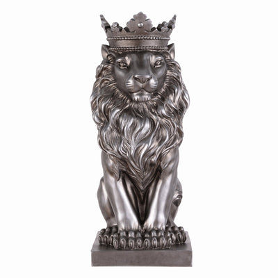 53007-SL - 14.5" H Sitting Lion W/Crown Silver Color Resin Statue Home Decor Living Room Display Hi-Line Gift Ltd.