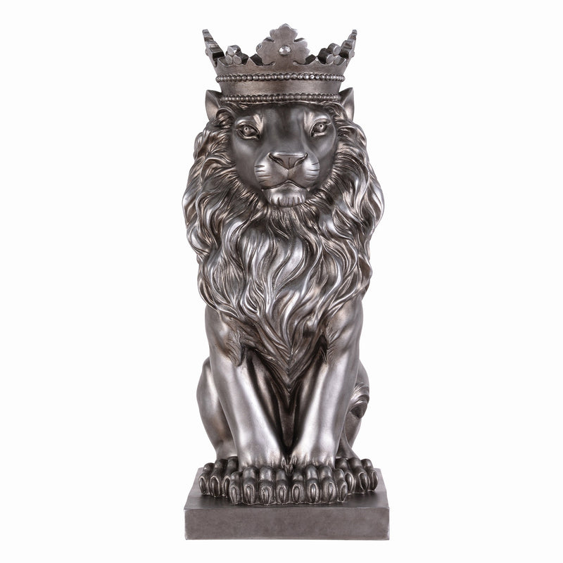 53007-SL - 14.5" H Sitting Lion W/Crown Silver Color Resin Statue Home Decor Living Room Display Hi-Line Gift Ltd.