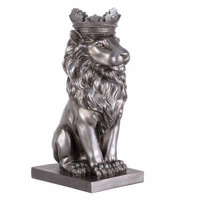 53007-SL - 14.5" H Sitting Lion W/Crown Silver Color Resin Statue Home Decor Living Room Display Hi-Line Gift Ltd.