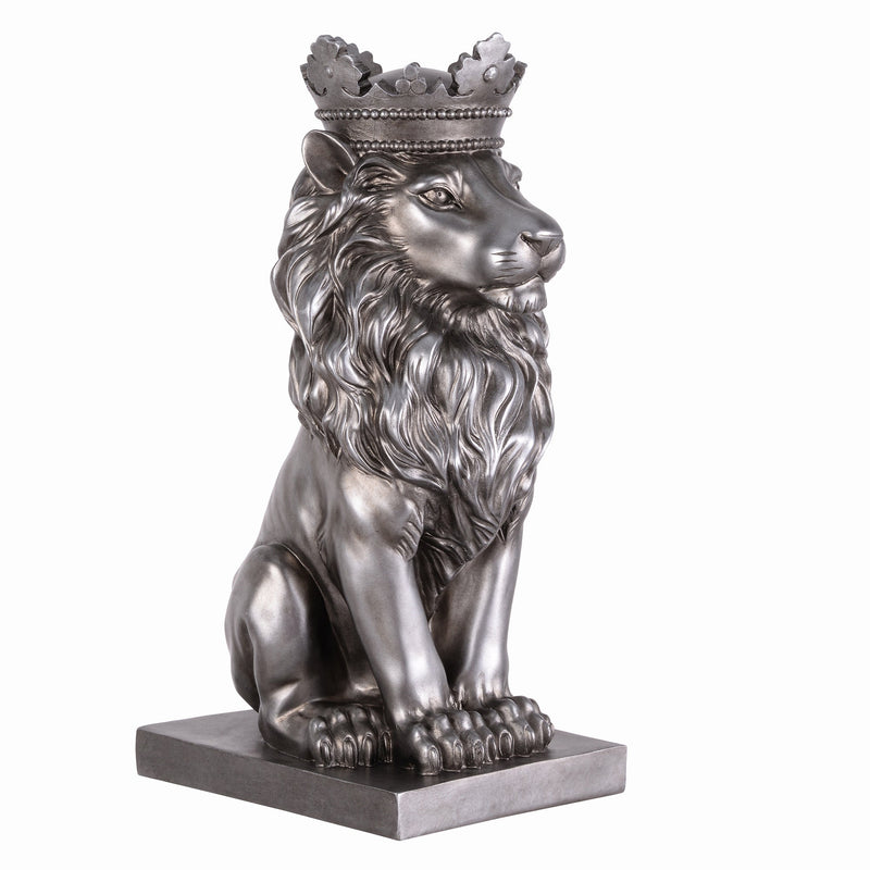 53007-SL - 14.5" H Sitting Lion W/Crown Silver Color Resin Statue Home Decor Living Room Display Hi-Line Gift Ltd.