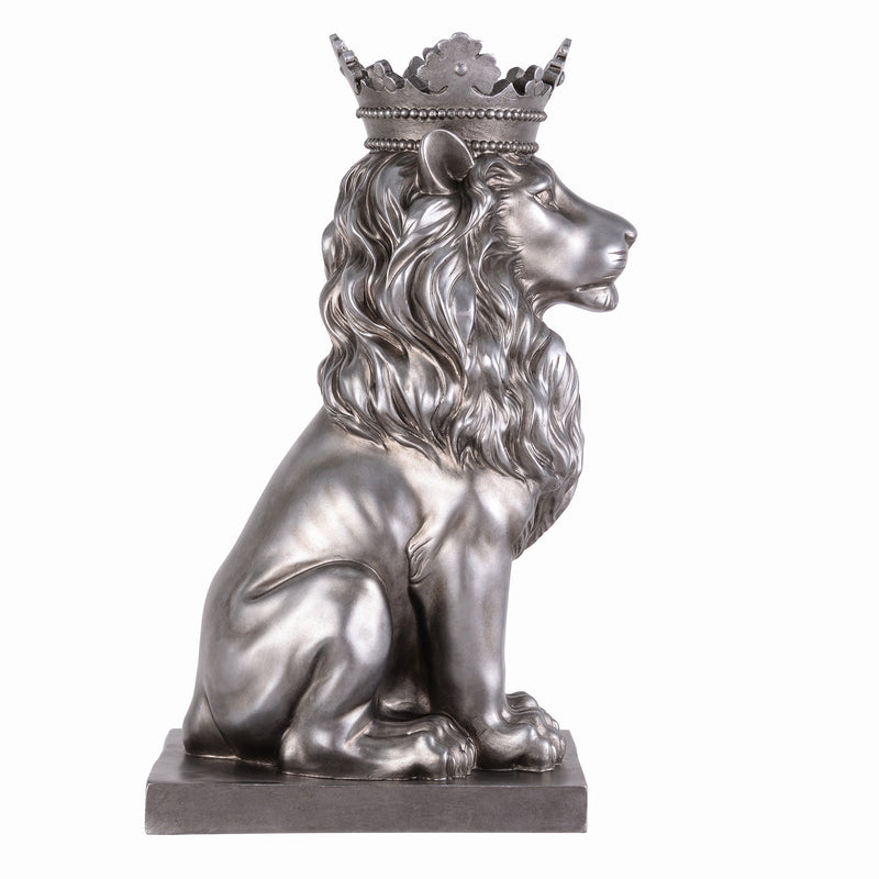 53007-SL - 14.5" H Sitting Lion W/Crown Silver Color Resin Statue Home Decor Living Room Display Hi-Line Gift Ltd.