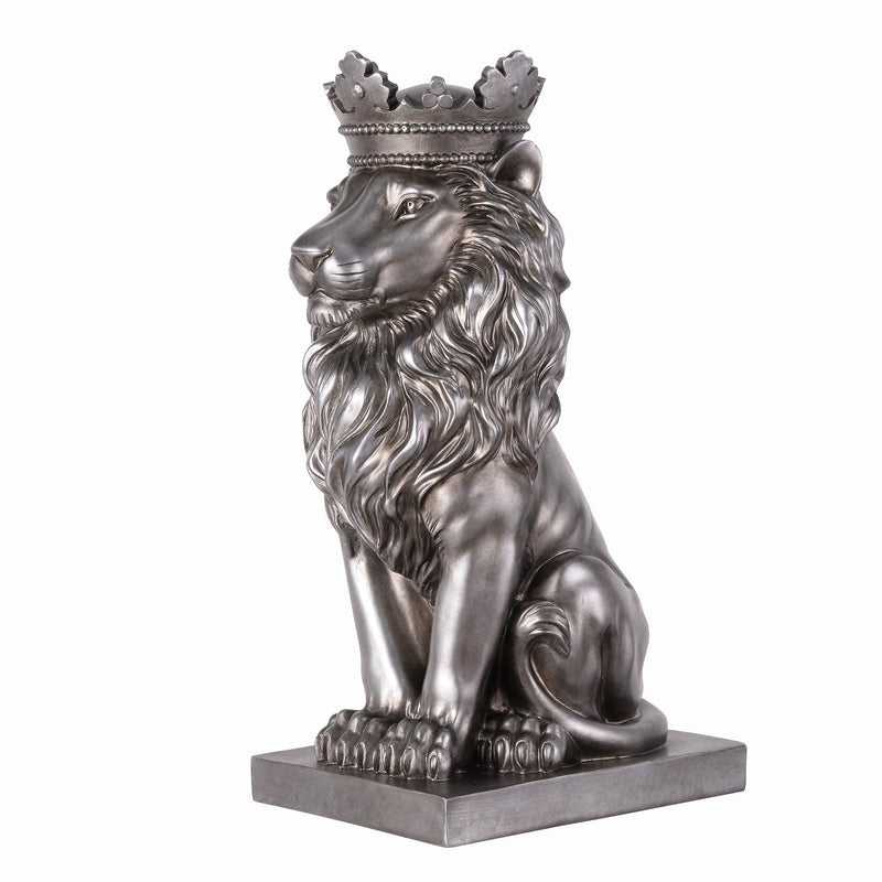 53007-SL - 14.5" H Sitting Lion W/Crown Silver Color Resin Statue Home Decor Living Room Display Hi-Line Gift Ltd.