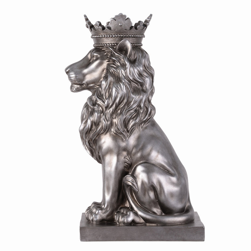 53007-SL - 14.5" H Sitting Lion W/Crown Silver Color Resin Statue Home Decor Living Room Display Hi-Line Gift Ltd.