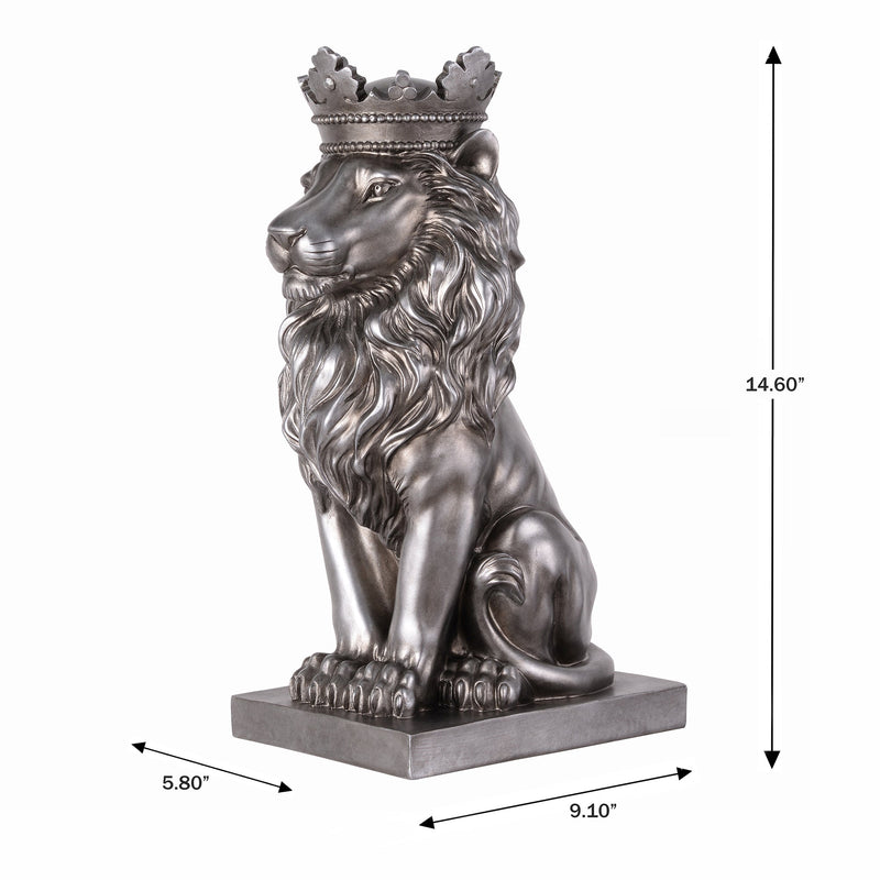 53007-SL - 14.5" H Sitting Lion W/Crown Silver Color Resin Statue Home Decor Living Room Display Hi-Line Gift Ltd.