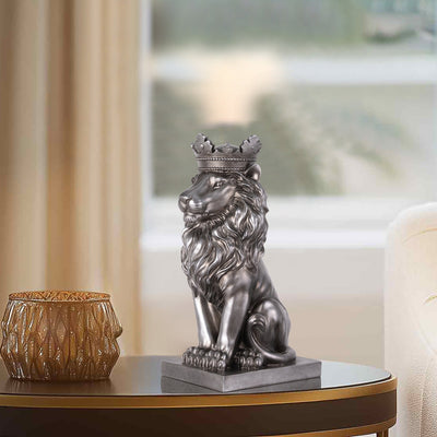 53007-SL - 14.5" H Sitting Lion W/Crown Silver Color Resin Statue Home Decor Living Room Display Hi-Line Gift Ltd.