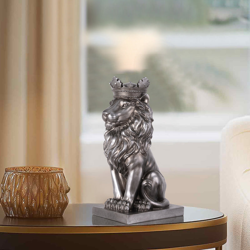 53007-SL - 14.5" H Sitting Lion W/Crown Silver Color Resin Statue Home Decor Living Room Display Hi-Line Gift Ltd.