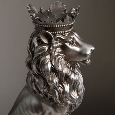 53007-SL - 14.5" H Sitting Lion W/Crown Silver Color Resin Statue Home Decor Living Room Display Hi-Line Gift Ltd.
