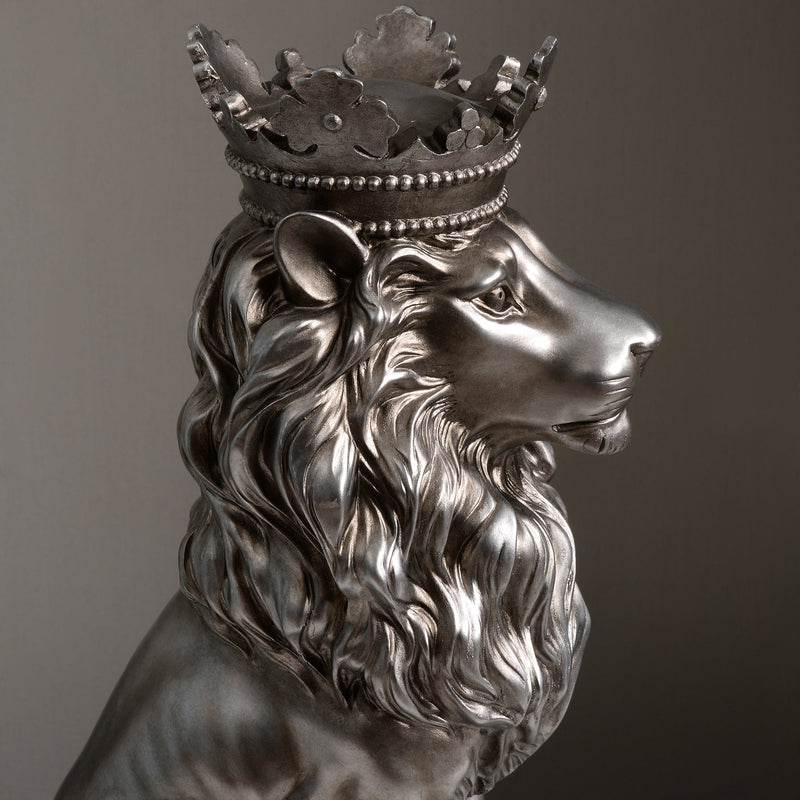 53007-SL - 14.5" H Sitting Lion W/Crown Silver Color Resin Statue Home Decor Living Room Display Hi-Line Gift Ltd.