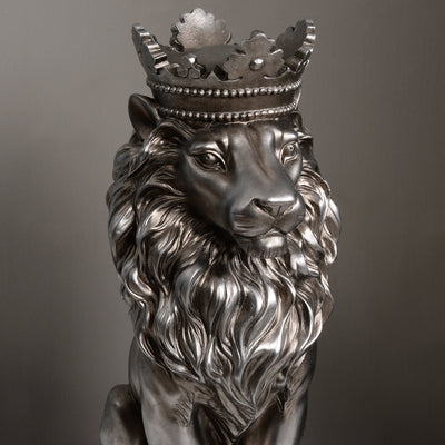 53007-SL - 14.5" H Sitting Lion W/Crown Silver Color Resin Statue Home Decor Living Room Display Hi-Line Gift Ltd.