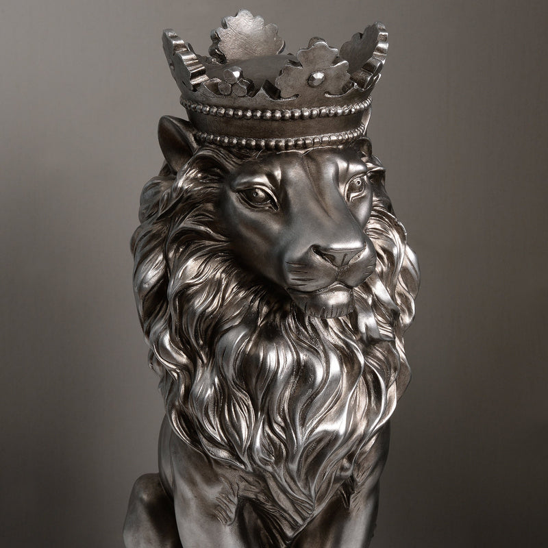 53007-SL - 14.5" H Sitting Lion W/Crown Silver Color Resin Statue Home Decor Living Room Display Hi-Line Gift Ltd.