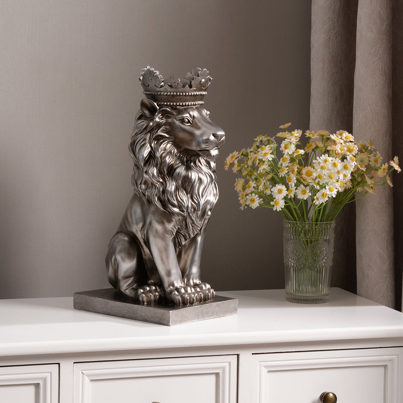 53007-SL - 14.5" H Sitting Lion W/Crown Silver Color Resin Statue Home Decor Living Room Display