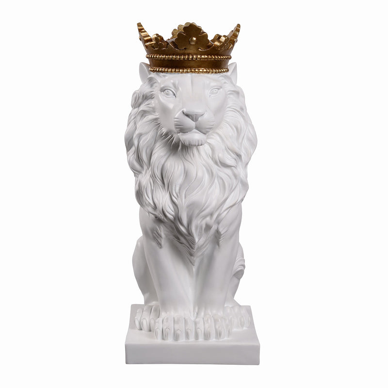 53007-WT - 14.5" H White Sitting Lion W/ Gold Crown Resin Statue Home Decor Living Room Display Hi-Line Gift Ltd.