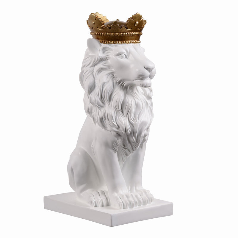 53007-WT - 14.5" H White Sitting Lion W/ Gold Crown Resin Statue Home Decor Living Room Display Hi-Line Gift Ltd.