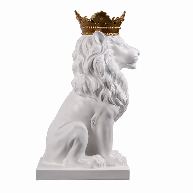 53007-WT - 14.5" H White Sitting Lion W/ Gold Crown Resin Statue Home Decor Living Room Display Hi-Line Gift Ltd.