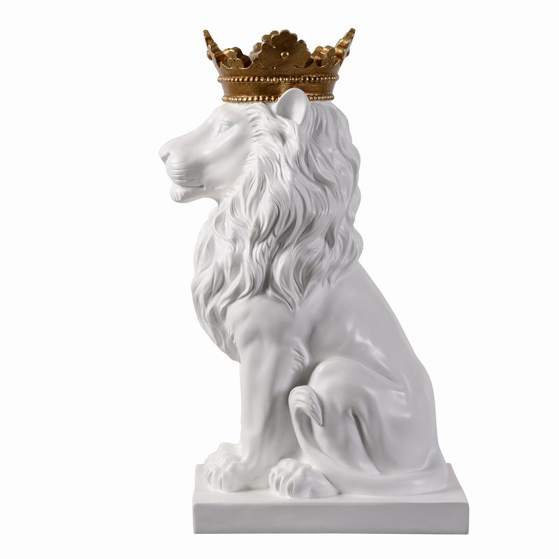 53007-WT - 14.5" H White Sitting Lion W/ Gold Crown Resin Statue Home Decor Living Room Display Hi-Line Gift Ltd.