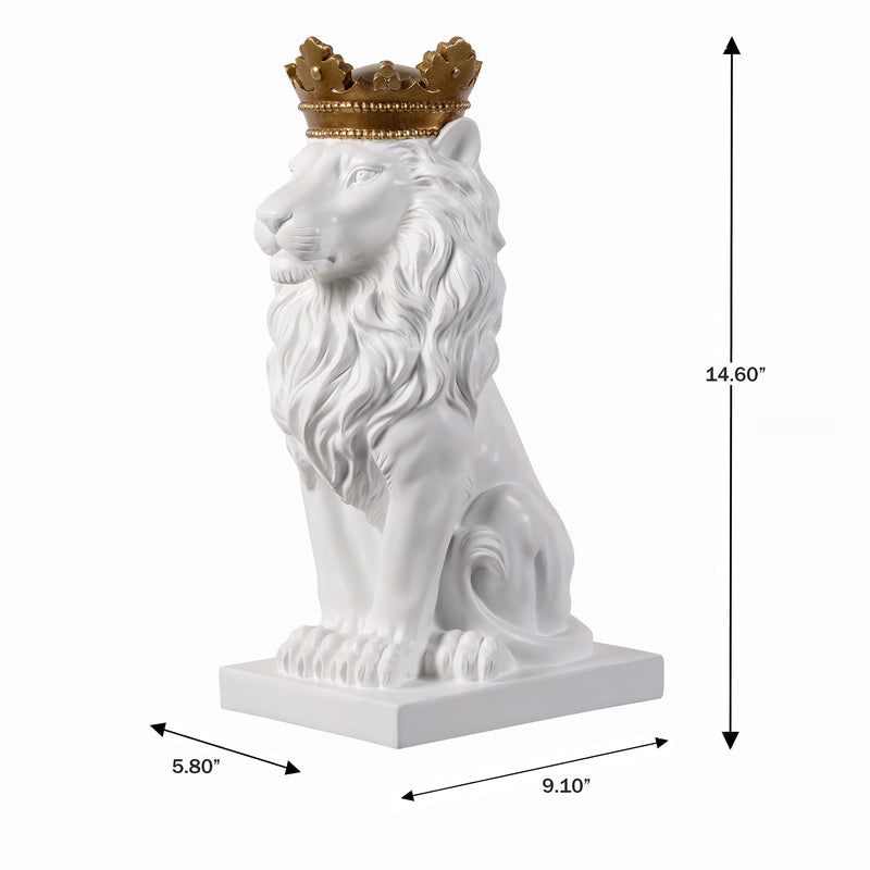 53007-WT - 14.5" H White Sitting Lion W/ Gold Crown Resin Statue Home Decor Living Room Display Hi-Line Gift Ltd.