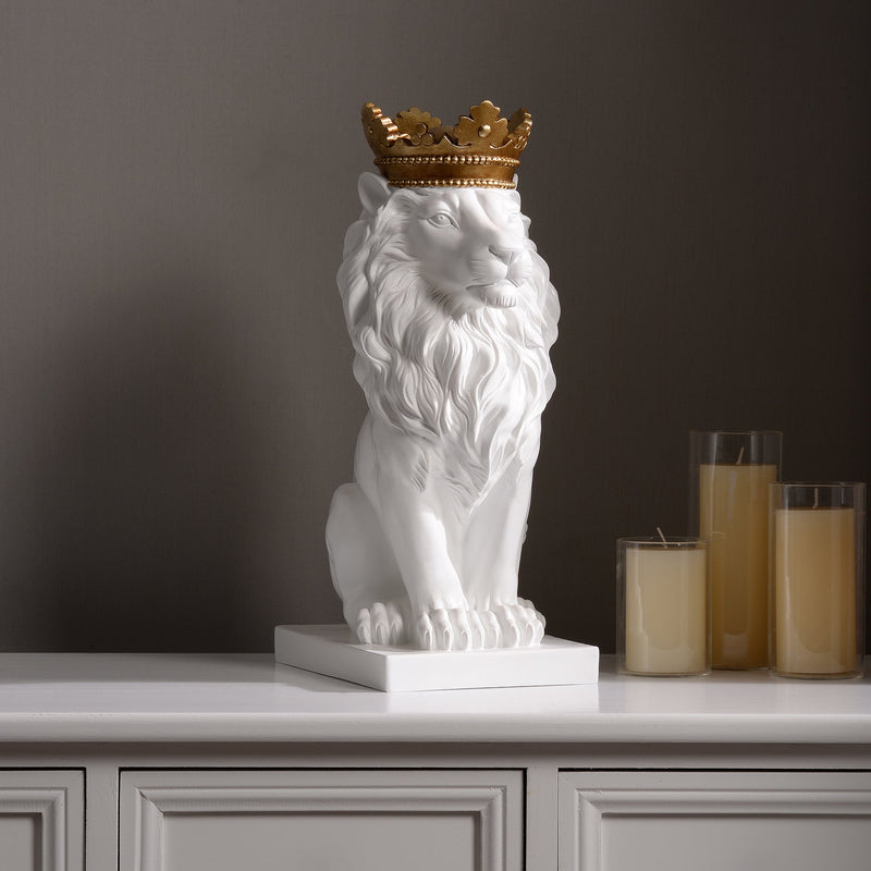 53007-WT - 14.5" H White Sitting Lion W/ Gold Crown Resin Statue Home Decor Living Room Display Hi-Line Gift Ltd.