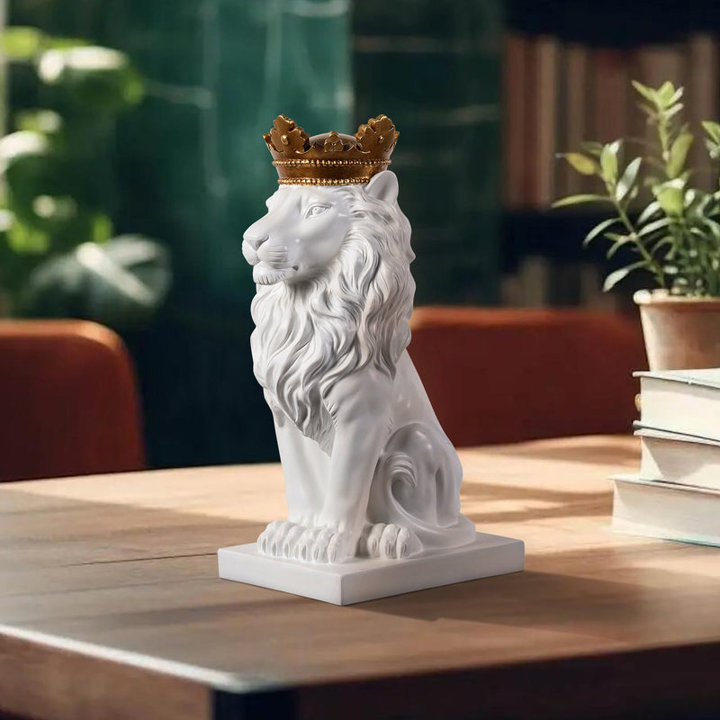 53007-WT - 14.5" H White Sitting Lion W/ Gold Crown Resin Statue Home Decor Living Room Display Hi-Line Gift Ltd.
