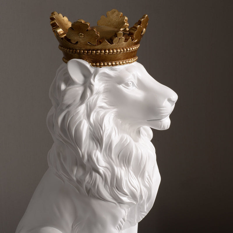 53007-WT - 14.5" H White Sitting Lion W/ Gold Crown Resin Statue Home Decor Living Room Display Hi-Line Gift Ltd.