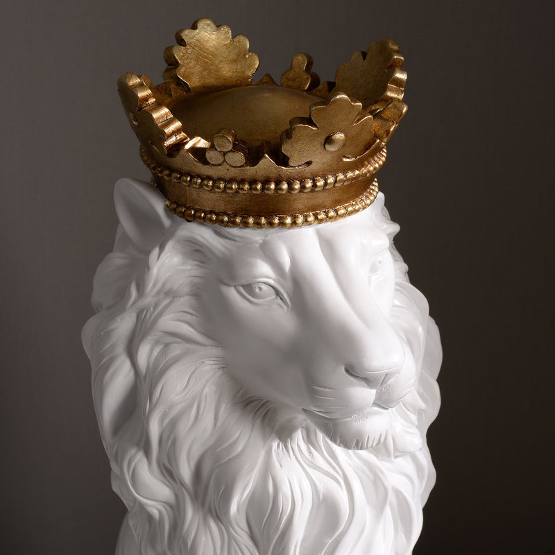 53007-WT - 14.5" H White Sitting Lion W/ Gold Crown Resin Statue Home Decor Living Room Display Hi-Line Gift Ltd.