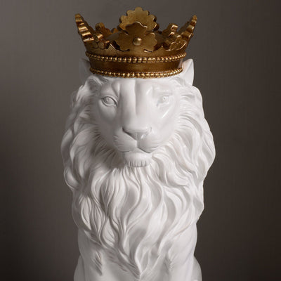 53007-WT - 14.5" H White Sitting Lion W/ Gold Crown Resin Statue Home Decor Living Room Display Hi-Line Gift Ltd.