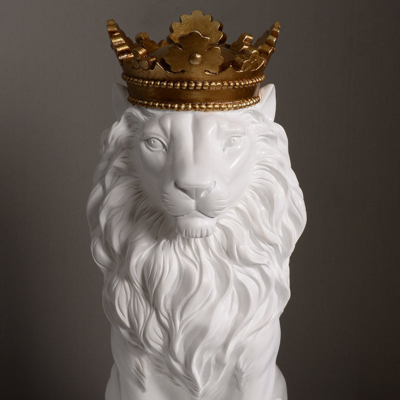 53007-WT - 14.5" H White Sitting Lion W/ Gold Crown Resin Statue Home Decor Living Room Display Hi-Line Gift Ltd.