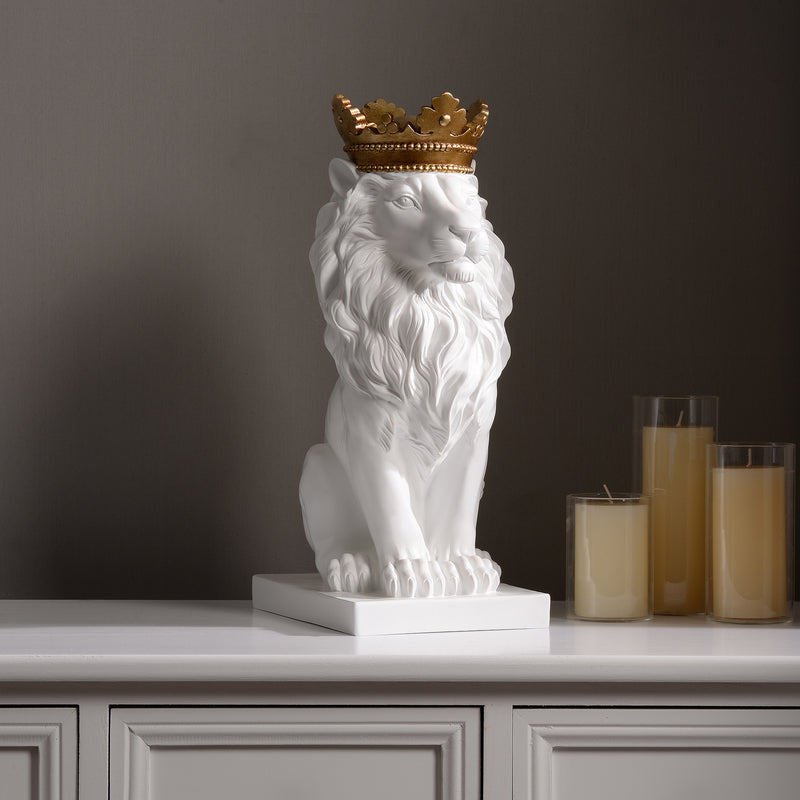 53007-WT - 14.5" H White Sitting Lion W/ Gold Crown Resin Statue Home Decor Living Room Display