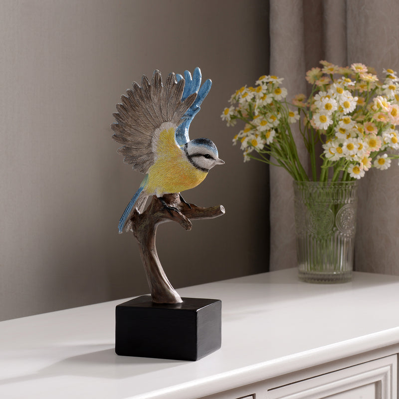 53008-A - Blue Tit On Branch Lifelike Resin Bird Home Tabletop Decor