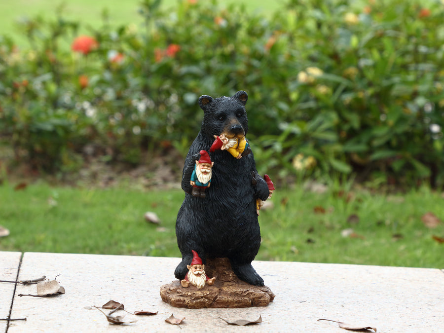 Gnomes In Trouble With Black Bear Statue HI-LINE GIFT LTD.
