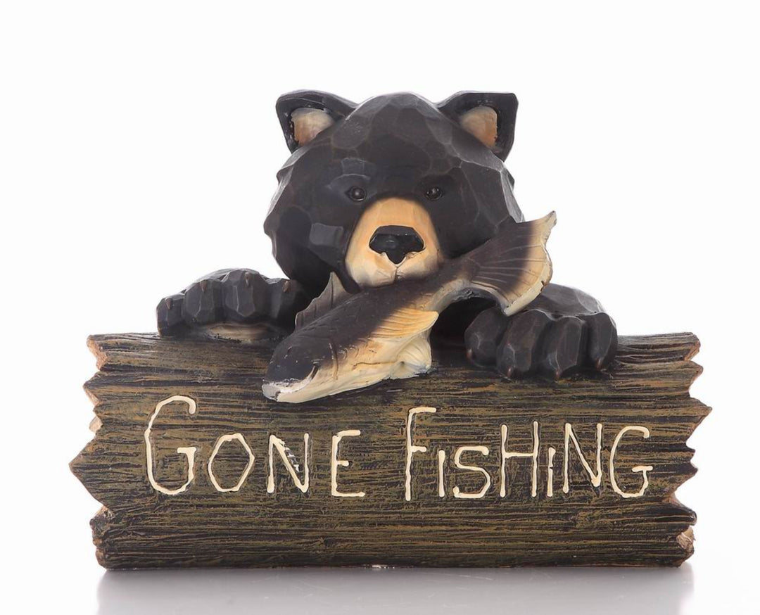 black bear fishing pole Hi-Line Gift Bear with Gone Fishing Sign Statue