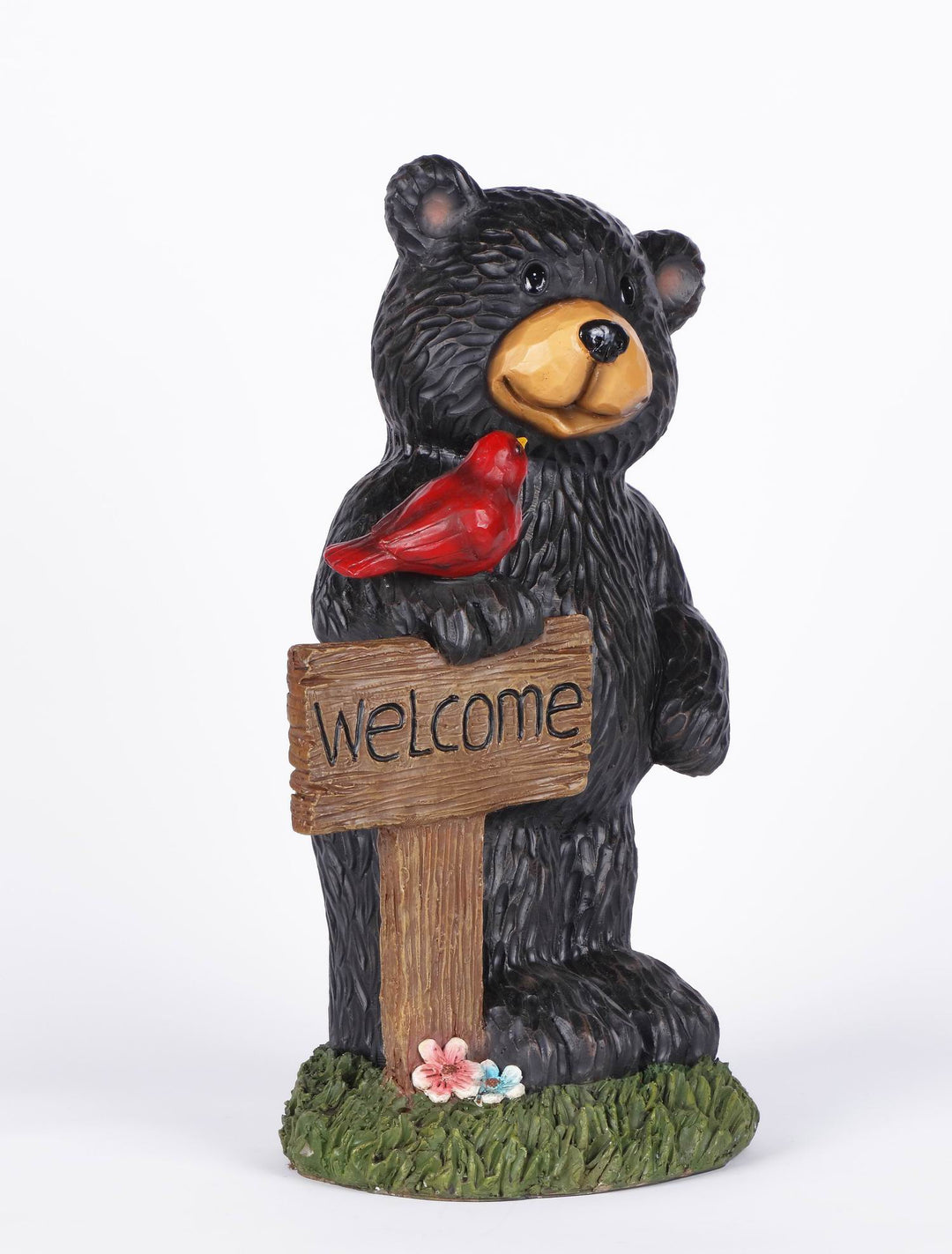 Black Bear Holding Welcome Sign with Red Sparrow Statue HI-LINE GIFT LTD.