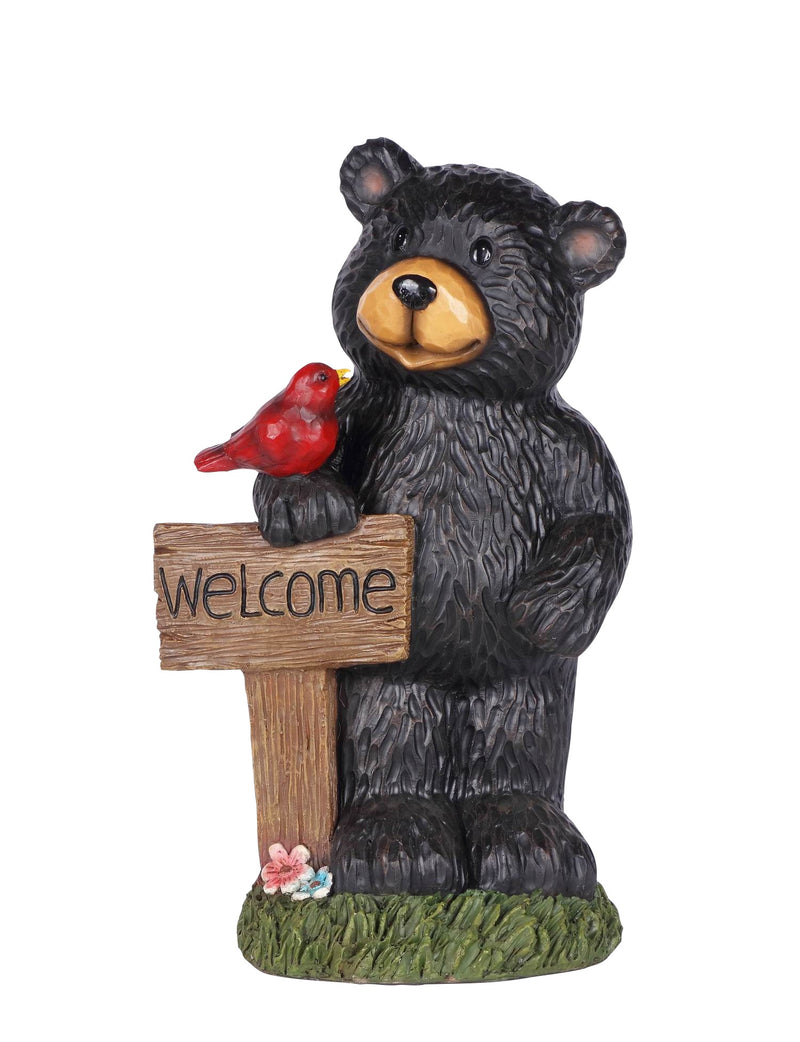 Black Bear Holding Welcome Sign with Red Sparrow Statue HI-LINE GIFT LTD.
