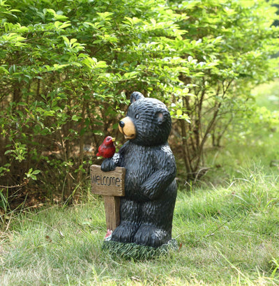 Black Bear Holding Welcome Sign with Red Sparrow Statue HI-LINE GIFT LTD.