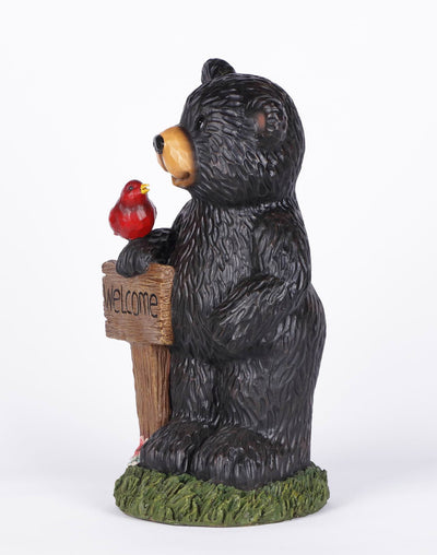 Black Bear Holding Welcome Sign with Red Sparrow Statue HI-LINE GIFT LTD.
