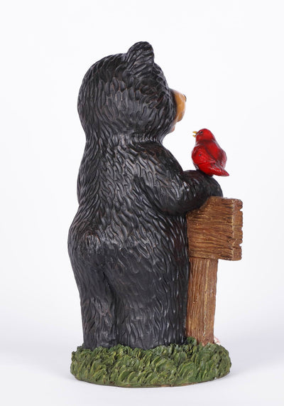Black Bear Holding Welcome Sign with Red Sparrow Statue HI-LINE GIFT LTD.
