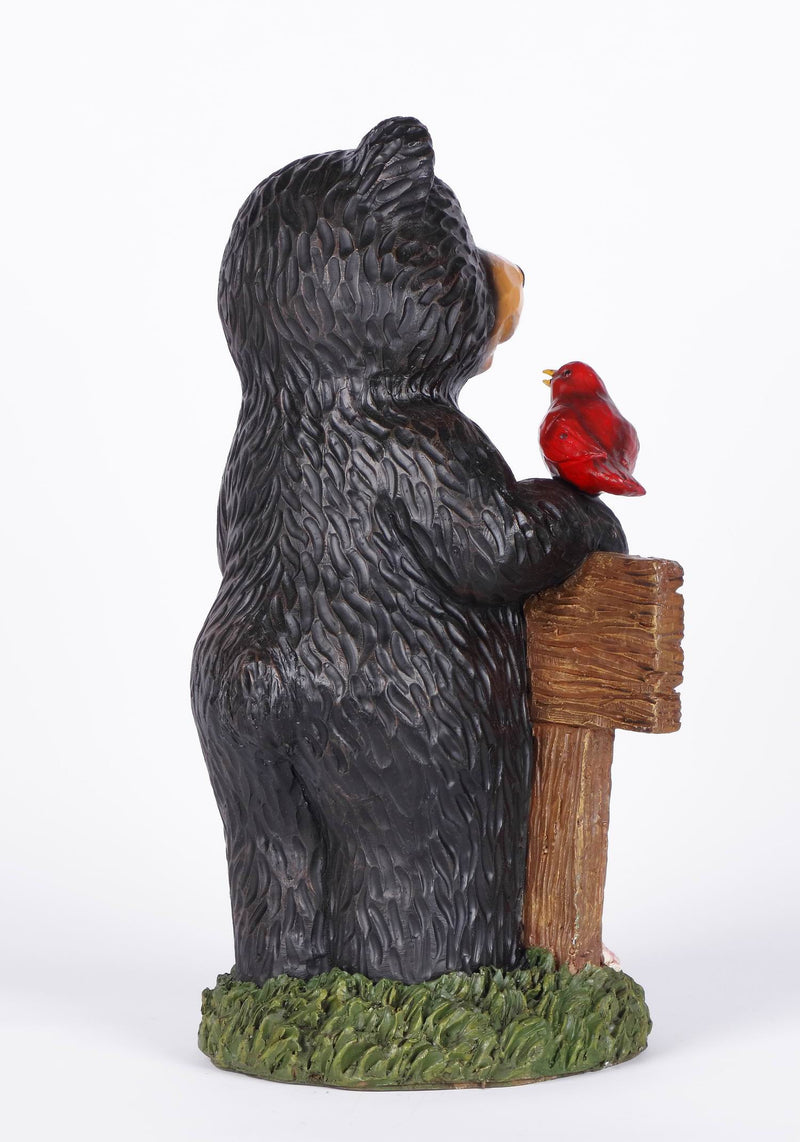 Black Bear Holding Welcome Sign with Red Sparrow Statue HI-LINE GIFT LTD.