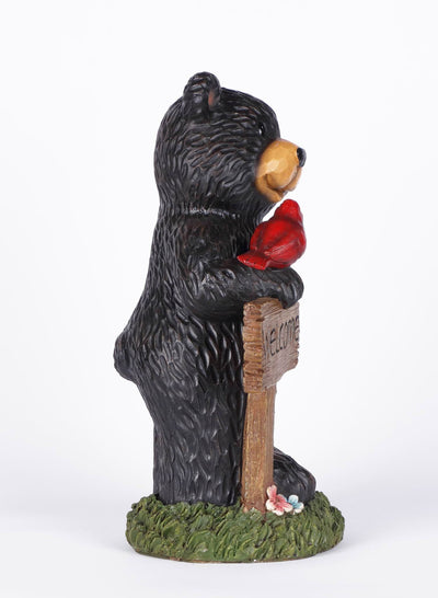 Black Bear Holding Welcome Sign with Red Sparrow Statue HI-LINE GIFT LTD.