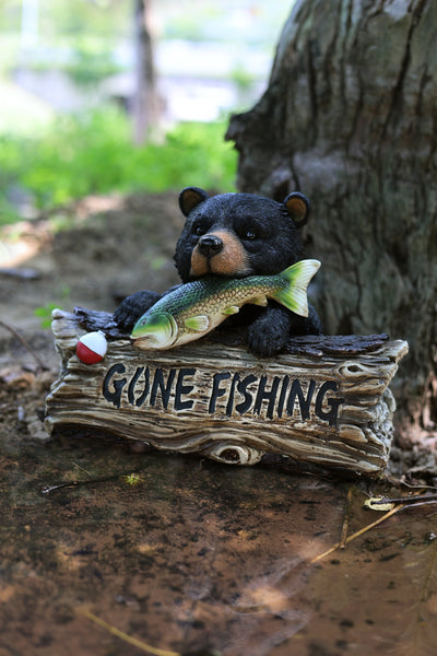 75619-W - Black Bear W/Gone Fishing Sign Hi-Line Gift Ltd.