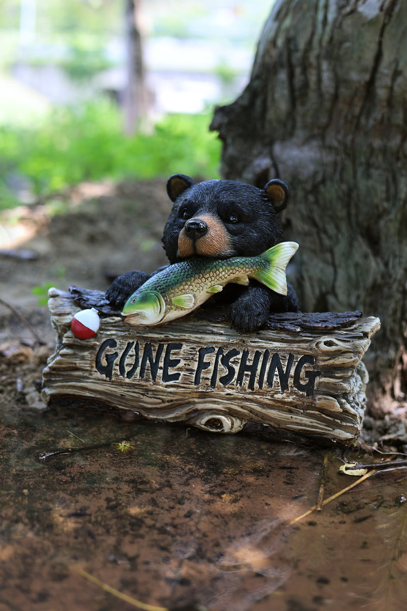 75619-W - Black Bear W/Gone Fishing Sign Hi-Line Gift Ltd.